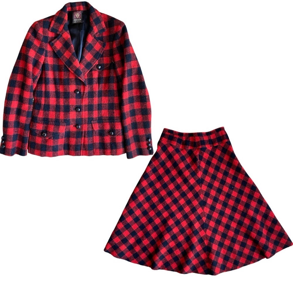 VTG 1980’s Anne Klein Red and Black Buffalo Plaid Blazer and Skirt Set